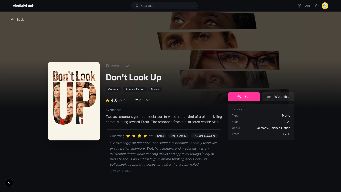 Media detail page: full-width TMDB backdrop, poster, title block, and three-column layout below