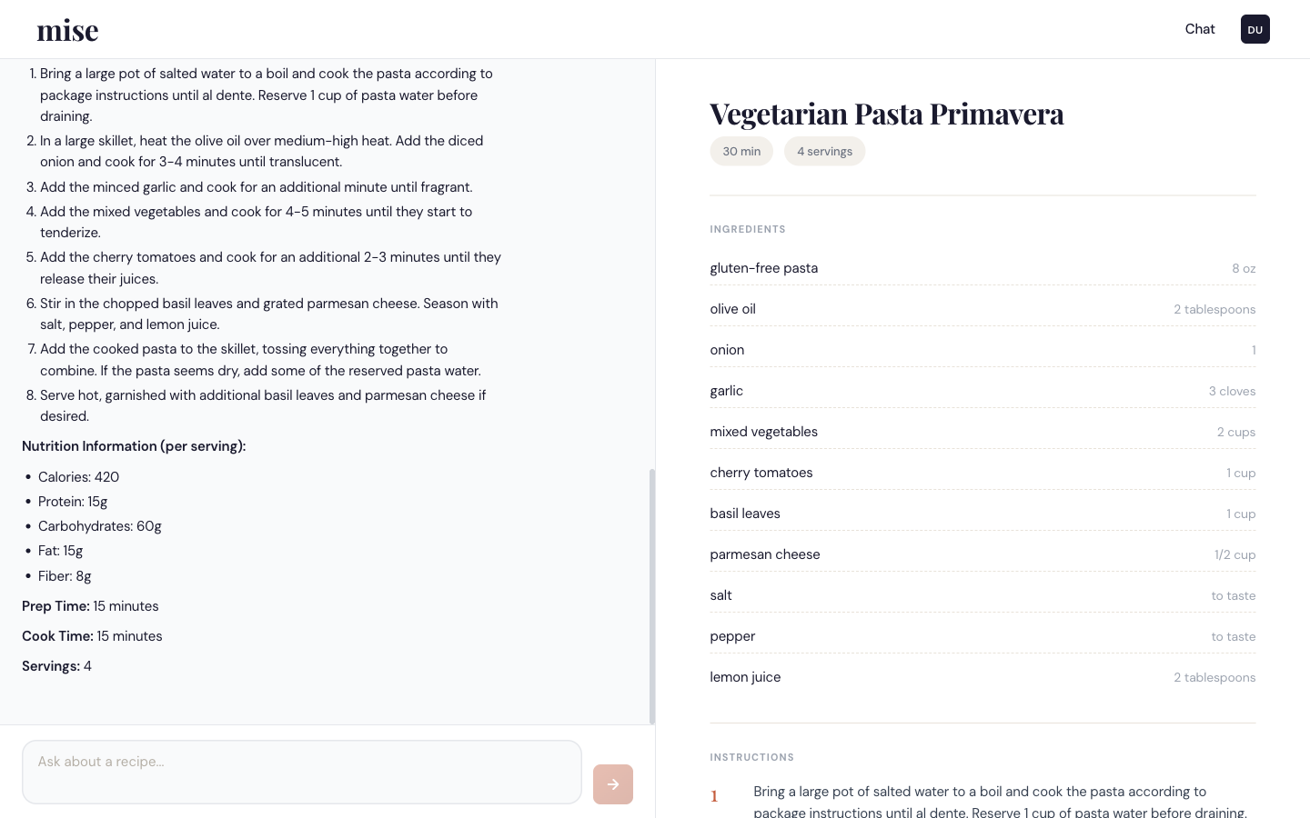 Two-panel desktop: chat with option pills and recipe detail panel