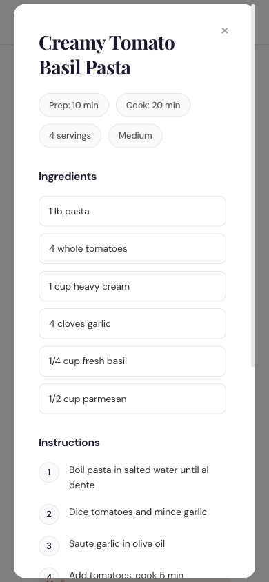 Mobile recipe detail