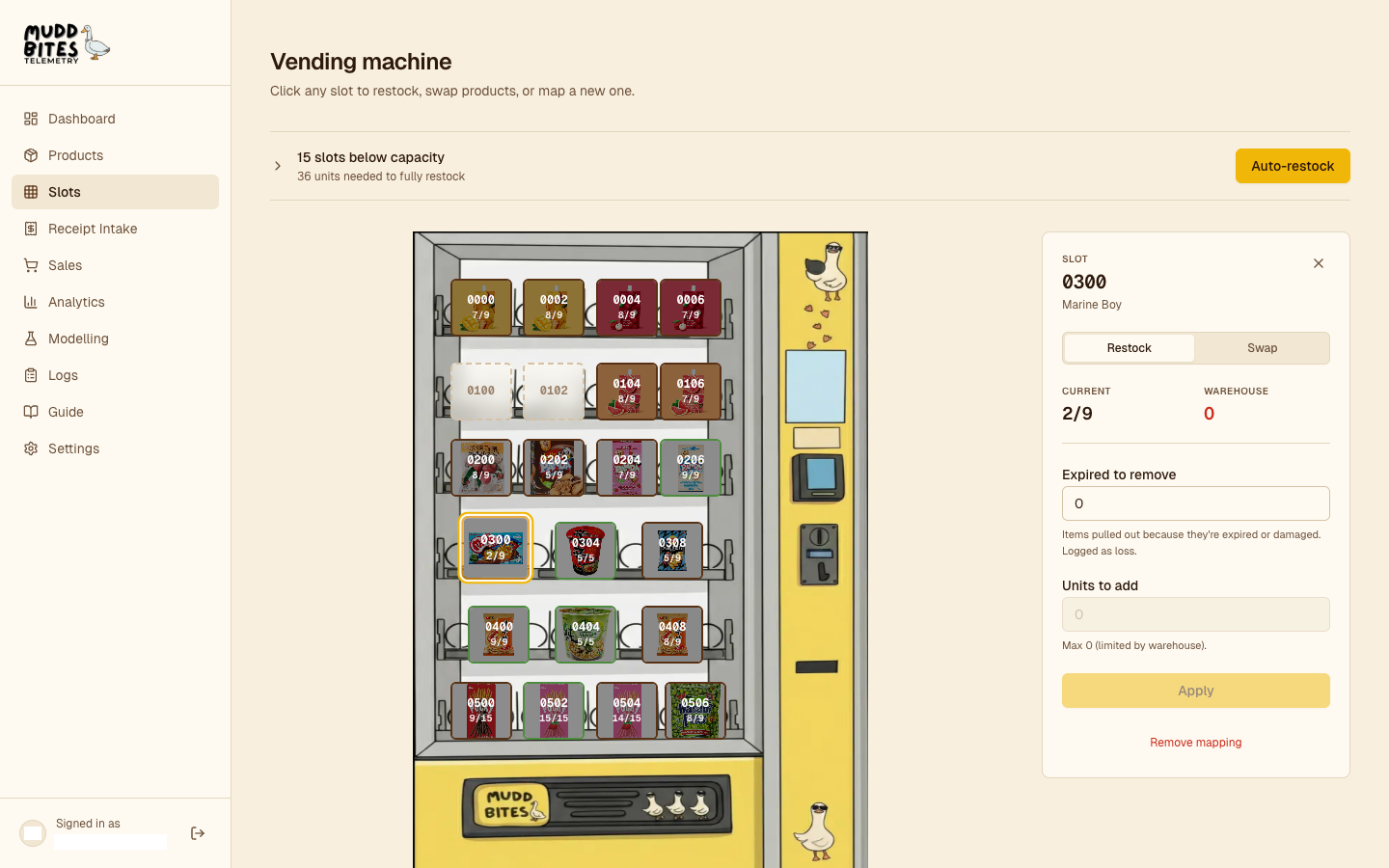 Slots page: pill markers overlaid on a photo of the actual vending machine, with a side panel for the selected slot.