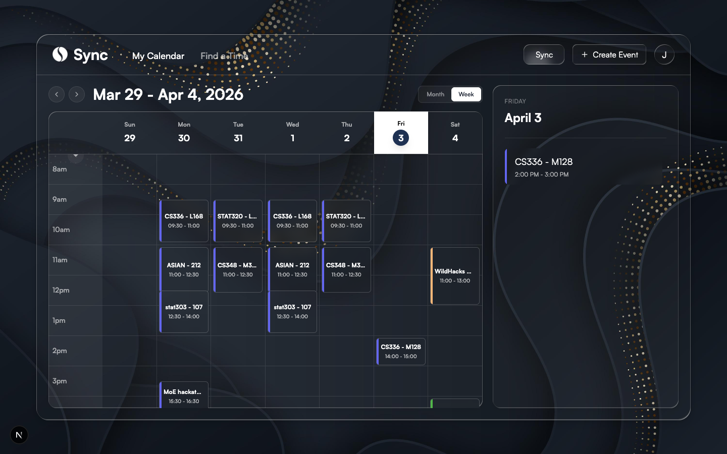 Week view with event blocks and sidebar