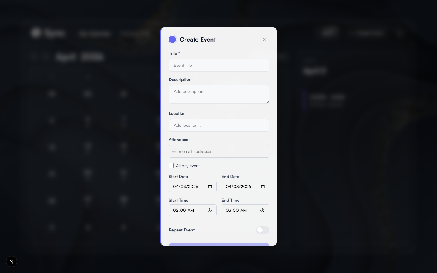 Create event form with recurrence options