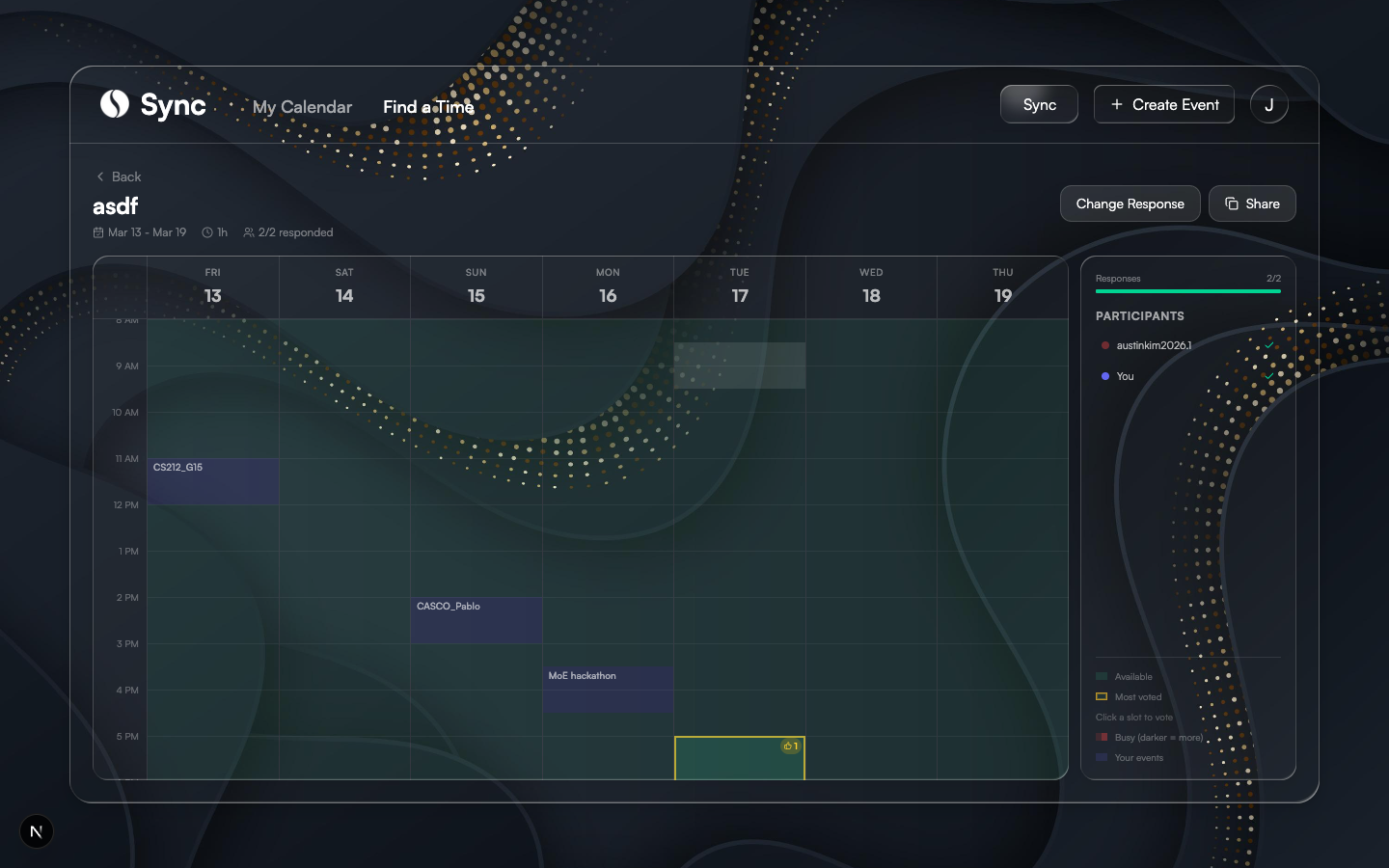 Scheduling grid with conflict heatmap, free slots, and participant list
